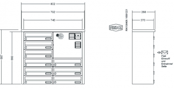 RENZ Briefkastenanlage Aufputz, Tetro, Edelstahl V4A, Kastenformat 370x110x270mm, mit Klingel - & Lichttaster und Vorbereitung Gegensprechanlage, 9-teilig